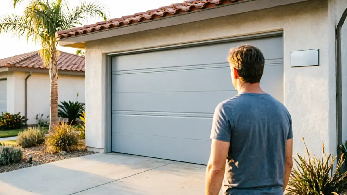 A man in a gray shirt stands facing a closed gray garage door.