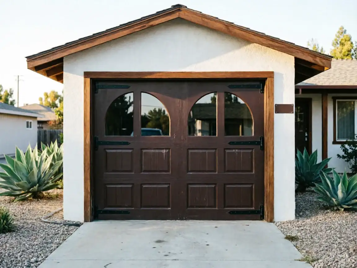 A brown garage door with arched windows is on a white stucco building.