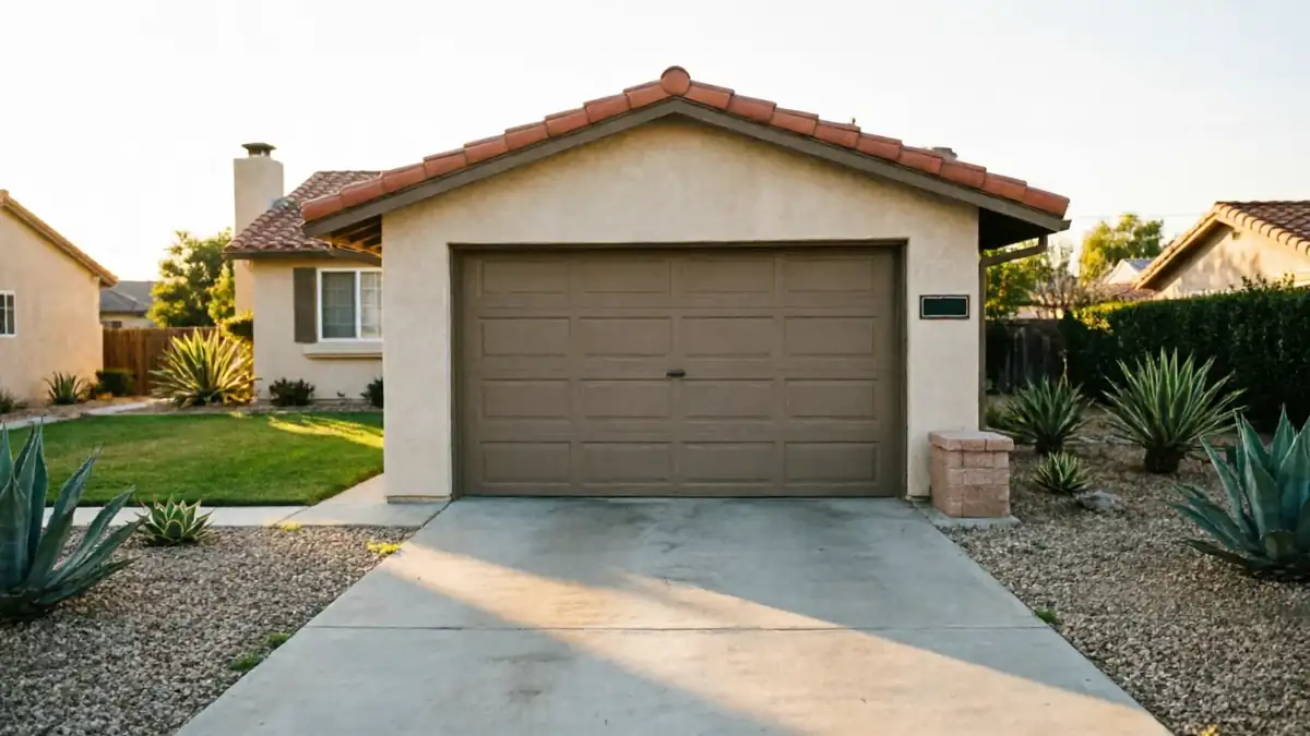 The house has a brown garage door, a tiled roof, and a concrete driveway.
