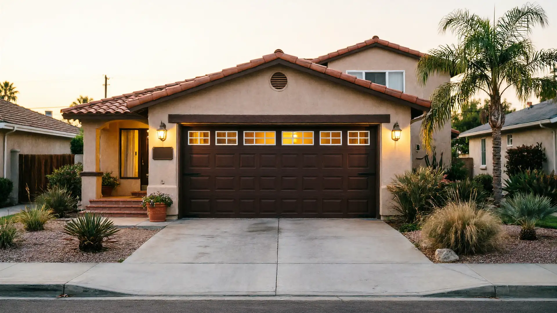 The house has a brown garage door with windows and a concrete driveway.