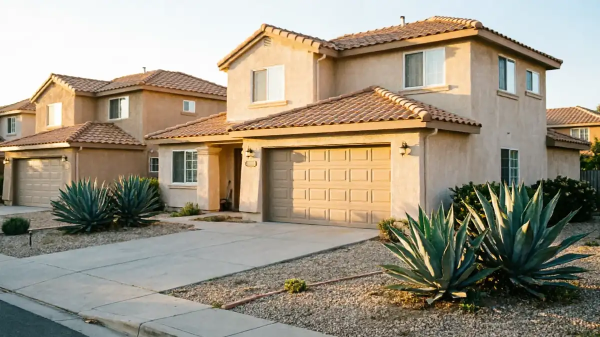 A beige house with a tan garage door and two large agave plants.