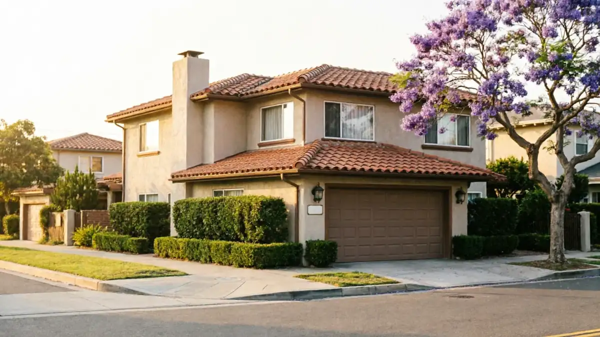 A two-story house with a brown garage door and a purple flowering tree.