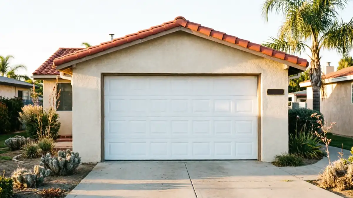 A white paneled garage door on a stucco house with a red tile roof.