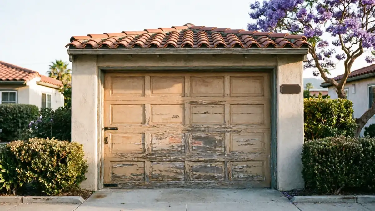 The garage door is old and peeling, with a tiled roof above it.